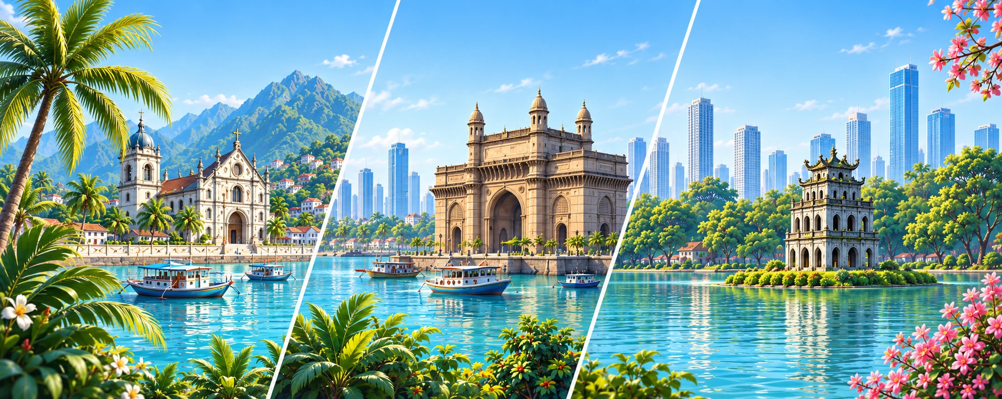 Connected sunny landscapes inspired by the Philippines, India and Vietnam. Regional concept artwork.